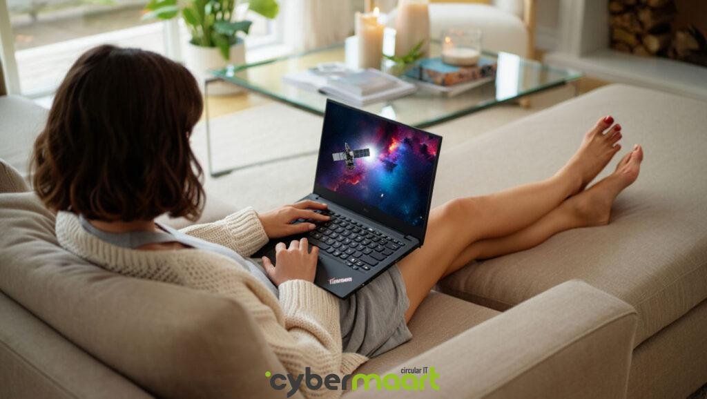 Come scegliere un pc portatile, ragazza scalza sul divano con notebook